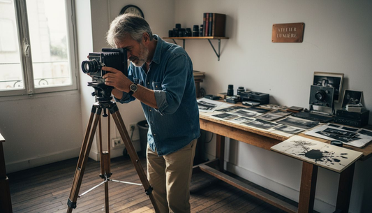 Dans son atelier, le photographe règle soigneusement son appareil photo avant de commencer sa séance.