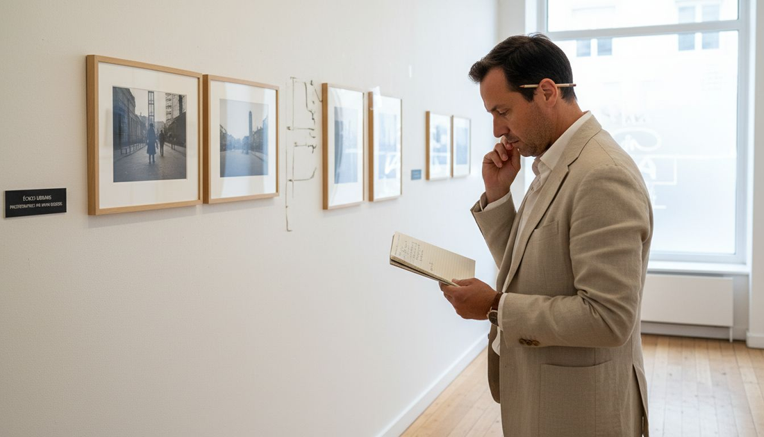 Un collectionneur parcourt attentivement une série de photographies exposées dans une galerie d’art.